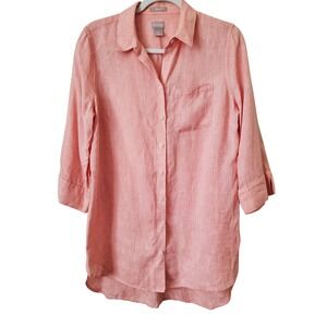 Chico's‎ 0 Linen Shirt 3/4 Sleeve Tunic Top Women's S Orange non iron